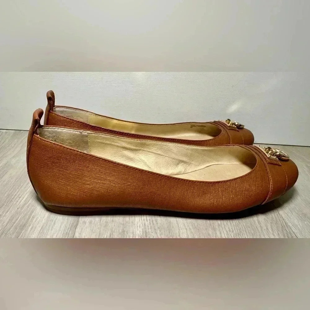 Michael Kors Women Brown Leather Ballet Flats Lock Logo MK Accent Size 8M - Picture 5 of 8